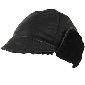 SNUGRUGS Mens Black Real Sheepskin Stud Trapper Hat. Leather Bound with Single Top Panel. (Medium - 60cm)
