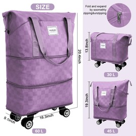WOOMADA Rolling Duffel Bag with Wheels, Detachable Rolling Carry-On Luggage, Expandable Foldable Large Suitcase for Travel, Business, Camping, Gift for Parents, Spouse(Lavender Checkerboard)