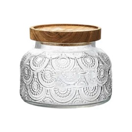 ANSQU Vintage Glass Storage Jar, 25.4 FL OZ Food Storage Jar with Solid Wooden Lid, Tea Bag Organiser for Home Kitchen Decor, Holds Oats, Jam, Coffee, Candy, Biscuits and Sugar (Round Flower)