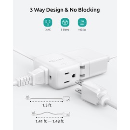 NUTICT Flat Extension Cord with 3 Outlets, 1.5ft Short Extension Cord, 900J Surge Protector, ETL Listed, 13A/1625W, Right Angle Flat Flexible Wall Plug, Ideal for Kitchen Bathroom Tight Spaces, White