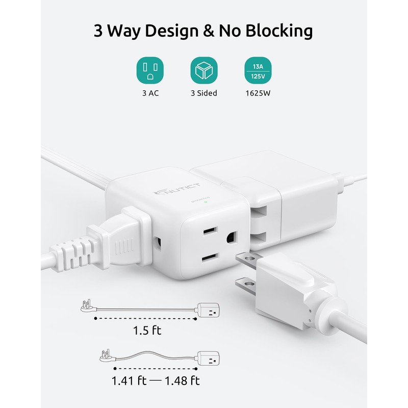 NUTICT Flat Extension Cord with 3 Outlets, 1.5ft Short Extension