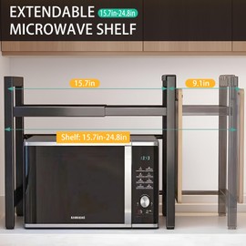 Adjustable Microwave Oven Rack, Microwave Stand Shelf Heavy Duty 2-Tier Shelf with Cutting Boards Stand Knife Rack and Chopstick Holder for Kitchen Shelves Counter Top Organizer, Holds 55lbs,6 Hooks