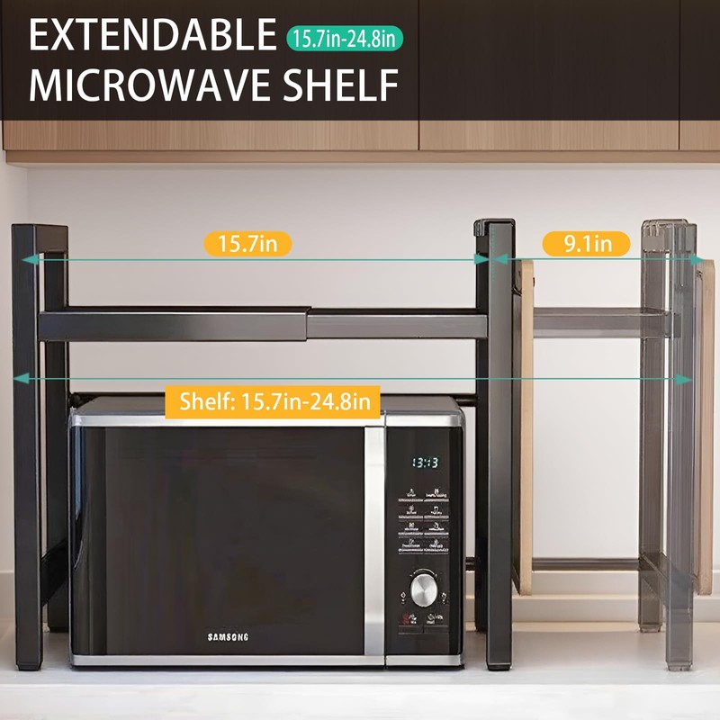 Adjustable Microwave Oven Rack, Microwave Stand Shelf Heavy Duty 2-Tier