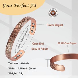 UtenoTureH Magnetic Copper Bracelet for Women for Arthritis, 6.5'' Adjustable Solid Copper Bracelet, with 3500 Gauss Magnet Jewelry Gifts