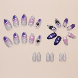 BABALAL Press on Nails Medium Almond Fake Nails Purple Ombre Glue on Nails Sliver Goth Acrylic Nails Y2k Star False Nails Stiletto Stick on Nails 24Pcs Manicure Gel Nails