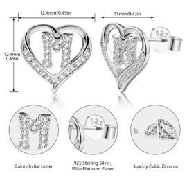 LAXPICOL 26 Initial Earrings for Women Letter M 925 Sterling Silver Stud Earrings Cubic Zirconian Heart Stud Earrings Birthday Valentines Day Gifts for Women 0.5" Silver Tone