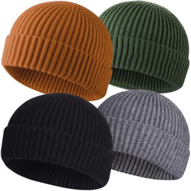 ROYBENS 4pcs Wool Fisherman Beanies for Men, Knit Short Watch Cap Winter Warm Hats