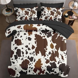 WeCozy 5 Pcs Twin Size Comforter Set with Pillowcase & Sham, Brown Cow Cowhide Print Vintage Bedding for Kids and Adults, Western Farmhouse Bed in a Bag with Flat Fitted Sheet