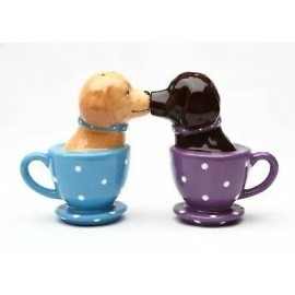 Ebros Gift Ceramic Chocolate And Fawn Labrador Puppy Dogs In Tea Cups Salt Pepper Shakers