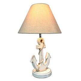 Coastal White Anchor Table Lamp with Shade, 19" Nautical Wood Accent Lamp, Beach House Bedroom Nightstand Lighting, Rope Detail, 40W Max, In-Line Switch, Living Room Decor, Bulb Not Included