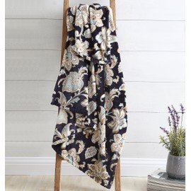 Decorative Velvet Fleece Throw Blanket: Soft Plush Bright Flower Accent on Dark Navy Background for Couch or Bed, Colored: Turquoise Burnt Orange Navy Blue VCNY Lynn