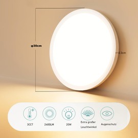 MGEELED LED Ceiling Light Diameter 30 cm 20 W 2400 LM Ceiling Light 3 Colours 3000 K / 4000 K / 6500 K Bathroom Lamp Kitchen Lamp IP44 Waterproof Simple Modern Round Ultra Thin for Kitchen Cellar