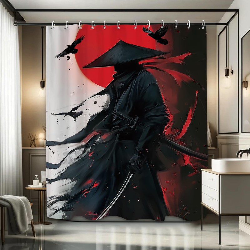 Black Red Samurai Shower Curtain 60Wx71L, Japanese Man Shower Curtains