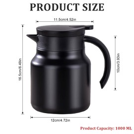 Coffee Pot, Thermal Teapot, Insulated Stainless Steel Teapot, 1000 ml, Tea Water Separation, Removable Thermal Teapot for Coffee, Tea Juices Home, Office, Camping (Black)