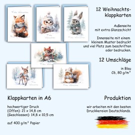12 Christmas Cards Set Folding Cards with Envelopes A6 Card Cards Envelope Shiny Merry Christmas Xmas Watercolour Forest Animals Deer Fox Rabbit Owl Squirrel Mouse