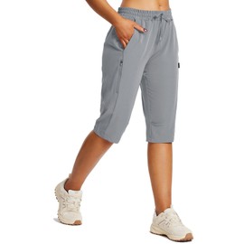 baleaf Women's Below Knee Long Hiking Cargo Shorts UPF 50 3/4 Capri Lightweight Water Resistant Zip Pocket Elastic Waist Frost Gray L