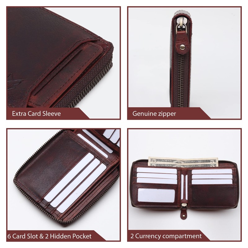 FOXHACKLE Men’s Zipper Leather Wallet with Detachable Card Case |