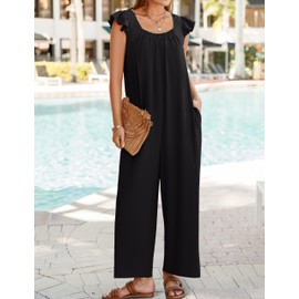 ZESICA Women's 2024 Summer Loose Jumpsuit Casual V Neck Sleeveless Oversized Wide Leg Pant Overalls Romper with Pockets,Black,Medium