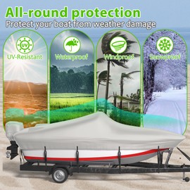MOFCOVER 16-18.5ft Boat Cover, 600D Oxford Heavy-Duty Waterproof Boat Cover for V-Hull, Fishing, Bass Boat with 12 Tie-Down Straps, 2-in-1 Storage Bag, Motor Cover - Grey