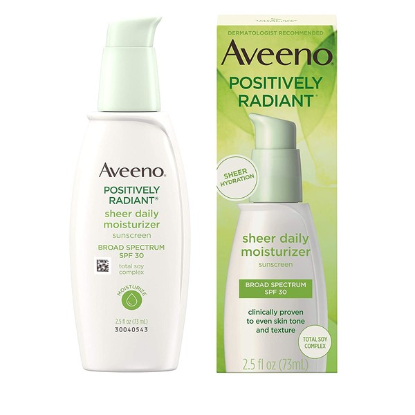 Aveeno Positively Radiant Sheer Daily Moisturizing Lotion for Dry Skin with Total Soy Complex and SPF 30 Sunscreen, Oil-Free and Non-Comedogenic, 2.5 fl. oz