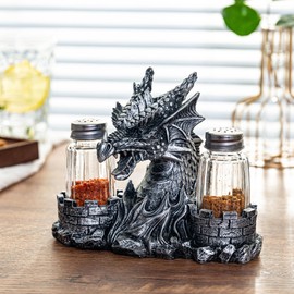 Wisifayardin Dragon Salt and Pepper Shakers with Holder Stand - Medieval Fantasy Spice Jar Set with Decorative Dragon Statue - Detailed Scales & Winged Figurine on Brick Base