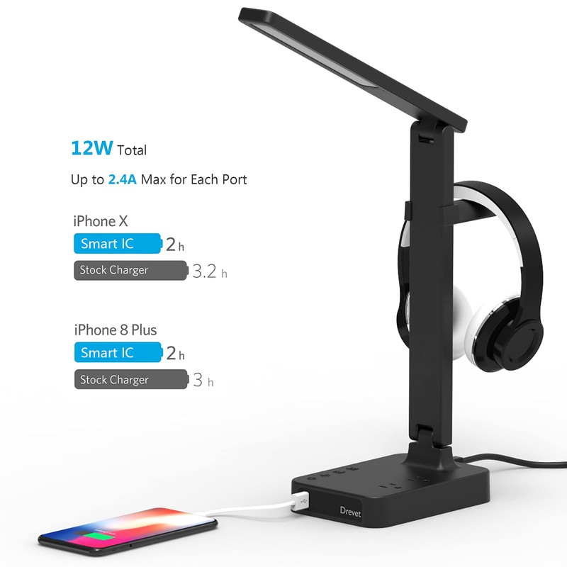 Drevet LED Desk Lamp with Headphone Stand, Desk Light with