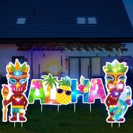 CroBlissful 7 Pcs Aloha Yard Sign LED Tropical Summer Lawn Hawaii Theme Yard Sign with Stakes Aloha Party Decorations for Summer Beach Garden Patio Luau Hawaiian Tropical Party Decor