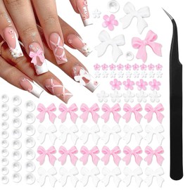 Mezrkuwr 1000 Stück rosa Schleifen Nagel Charms mit Pinzette, weiße Schleifen-Charms für Nägel, Kunstharz, flache Rückseite, Perlen, Blumen-Charms, Nagel-Dekoration