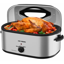 28 Quart Electric Roaster Oven with Visible & Self-Basting Lid, Large Turkey Roaster with Defrost Warm Function, Adjustable Temperature, Removable Pan Rack, Stainless Steel, Silver