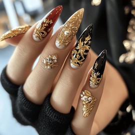 LOPMNGHT Almond Tip Press on Nails Medium Length Gold Flower Pattern Design Black Golden Acrylic False Nail Full Cover Glossy Artificial Fingernails Press Ons Almond Gel Stick on Nail for Women 24Pcs