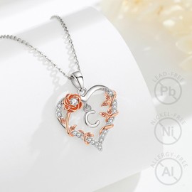 EUDORA Rose Heart Initial C Necklace for Women Letter C Alphabet Initial Necklaces Copper Rhodium Plated Pendant with Cubic Zirconia, Initials Jewelry Gifts for Women Wife 18"