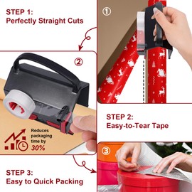 Wrapping Paper Cutter & Tape Dispenser– Dual-Use Gift Wrap Tool with 4 Tapes & 2 Replacement Blades – Paper Roll Holder for Christmas, Birthday, Holiday – Sliding Slicing Tube Design (2-Pack)