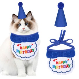 Classicseali 2pcs Birthday Hat for Cat,Cute Cat Party Hat,Adjustable Embroidered Cats Birthday Bandana with Bib, for Girls, Boys, Kittens and Dogs Party Supplies Decoration Set (Blue)