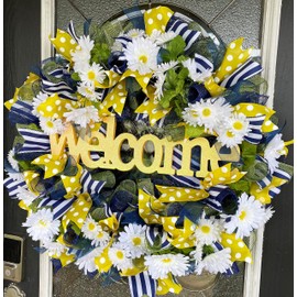 Welcome Daisy Navy Blue Yellow Polka Dot Wreath, Floral Decor, Fall, Spring, Summer, Front Door, Burlap Wedding Farmhouse Decor, French Country Decor