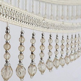 Yalulu 4 Yards Fringe Tassel Trim, Braided Beads Hanging Ball Tassel Fringe Trim Trimming Ribbon for Curtains Table Sewing Fabric (White)