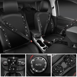 CAR PASS Bling Diamond Leather Car Seat Covers 11 PCS, Sparkly Rhinestone Steering Wheel Cover Glitter Cute Interior Car Accessories Sets Seat Belt Cushion Cup Holder Coaster Women Girl, Black Diamond