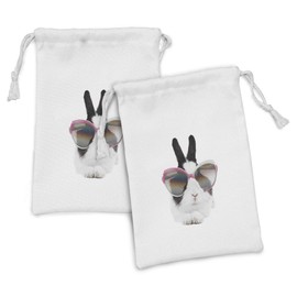 Lunarable Funny Fabric Pouch Set of 2, Little Rabbit in Sunglasses Beauty Bunny Fluffy Creature Pet Portrait Fashion Image, Small Drawstring Bag for Toiletries Masks and Favors, 9" x 6", Black White
