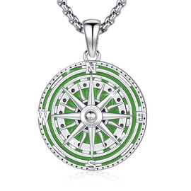YueYuan Compass Necklace 925 Sterling Silver Compass Pendant Chain Necklace Green Compass Necklace Jewellery Gift for Men Women, Sterling Silver, No Gemstone