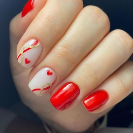Valentine's Day Press on Nails Short Red Press on Fake Nails with Red Heart & Golden Lines Designs Red French Tip Nails Press ons Glossy Glue on Nails Full Cover Stick on Nails for Women 24Pcs