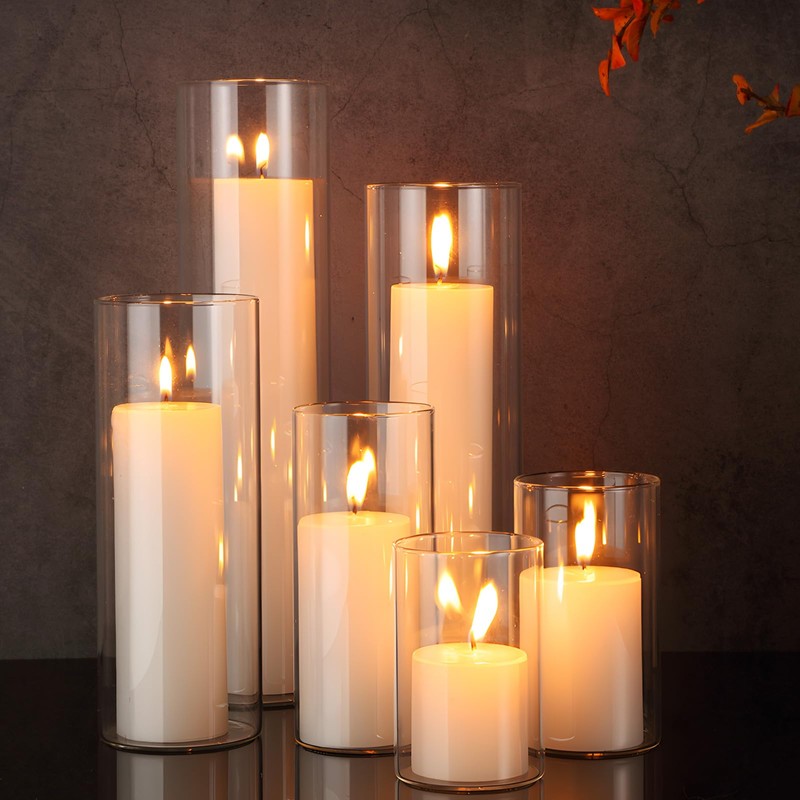Shihanee Set of 6 Pillar Candles and Glass Cylinder Vases