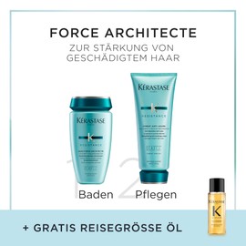 Kérastase Care Set with Résistance Bain Force Architecte Shampoo (250 ml), Résistance Ciment Anti-Usure Conditioner (200 ml) and Elixir Ultime Huile Originale Travel Size Hair Oil (15 ml) Free