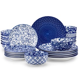 vancasso SELENE Plates and Bowls Set for 6, 24 Pieces Dinnerware Sets, Mircowave and Dishwasher Safe Dishes Set, Porcelain Blue Dinnerware