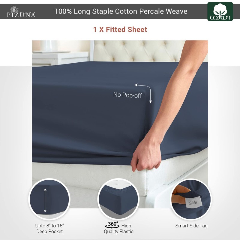 Pizuna Cotton Percale Double Fitted Sheet Dark Blue,100% Long Staple
