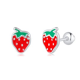 Sterling Silver Strawberry Stud Earrings for Girls Women - Hypoallergenic Screw Backs Strawberry Earrings Strawberry Gifts