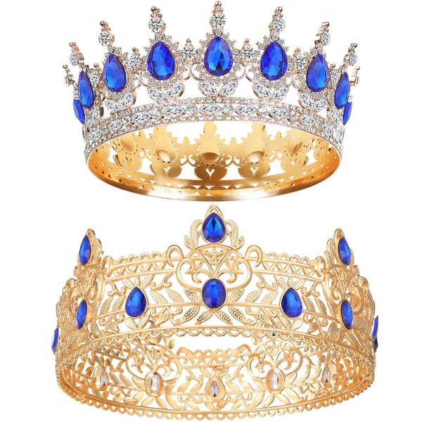 Mtlee 2 Pcs Christmas Prom King and Queen Crowns King Crowns for Men Royal Crown with Blue Rhinestone Queen Crowns for Women Halloween Wedding Birthday Graduation(Modern Style)
