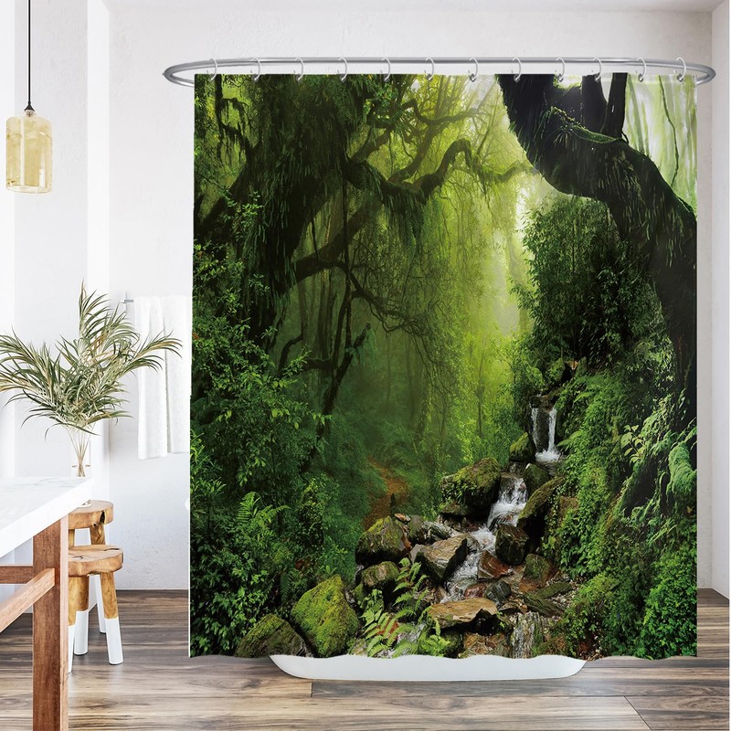 Ulticool Shower Curtain - Rainforest Nature Eco Plants Waterfall -