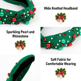 Christmas Headband, Pearl Knotted Hair Band with Rhinestone, Wide Top Knot Fashion Headband for Women Girls Christmas Hair Accessories (Green)