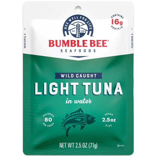 BUMBLE BEE Premium Light Tuna Pouch in Water, Ready to Eat Tuna Fish, High Protein, Keto Food and Snacks, Gluten Free, 2.5oz Pouch (Pack of 12)