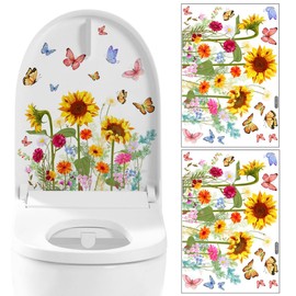 2Pcs Sunflower Butterfly Toilet Seat Wall Stickers Self-Adhesive Flower Toilet Lid Cover Decals Removable Watercolor Bouquet Toilets Stickers for Bathroom Washroom Restroom Art Decor