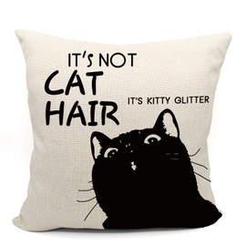 Mancheng-zi It's Not Cat Hair It's Kitty Glitter Throw Pillow Case, Funny Cat Pillow, Children Room Decoration, 18 x 18 Inch Black Cat Cotton Linen Cushion Cover for Sofa Couch Bed